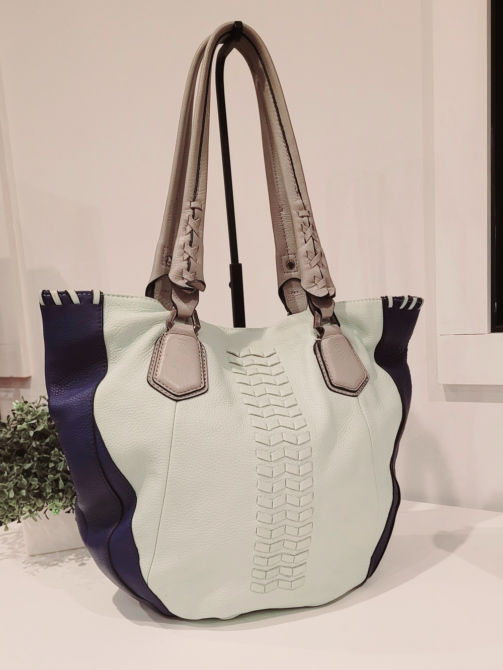 Mint and Navy Women's Leather Tote Bag
